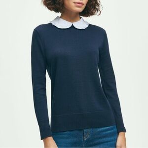 Brooks Brothers Navy Sweater with Plaid Collar